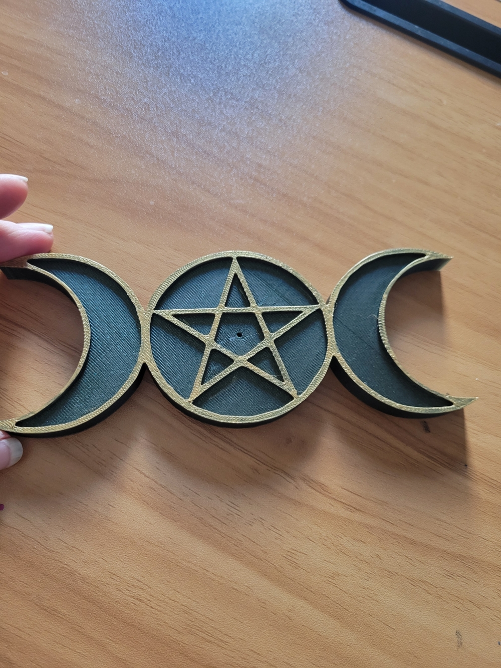 🌹New🌹Hand Crafted Triple Moon Incense Holder - Green and Gold Accent